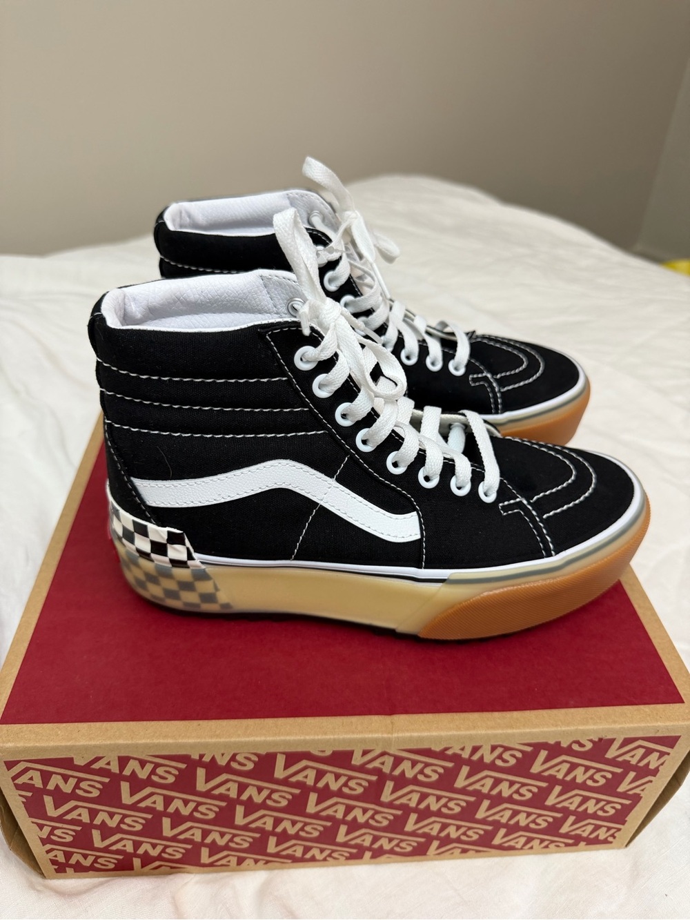 Vans Black & White High-Top Checkerboard Accent Platform Sneakers